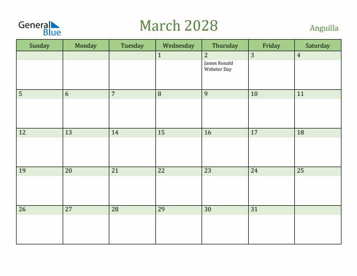 March 2028 Calendar with Anguilla Holidays