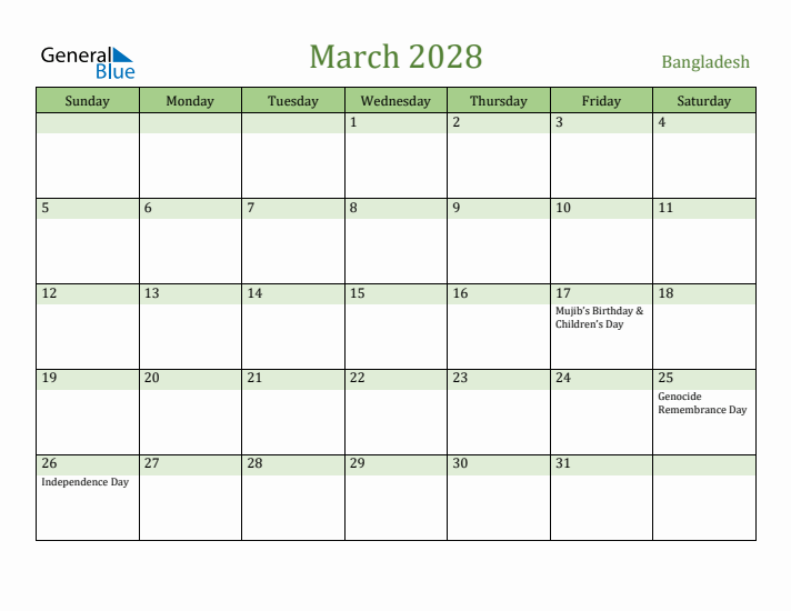 March 2028 Calendar with Bangladesh Holidays