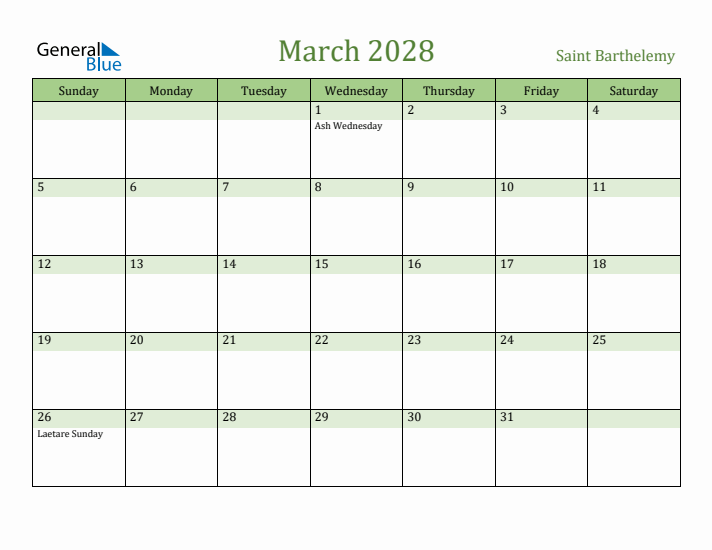 March 2028 Calendar with Saint Barthelemy Holidays