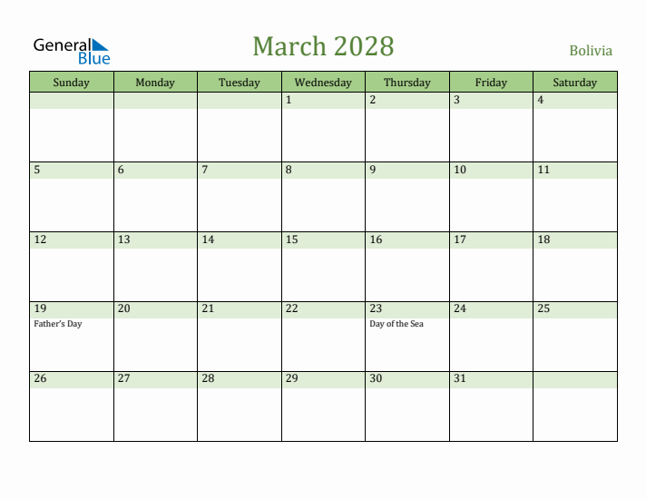 March 2028 Calendar with Bolivia Holidays