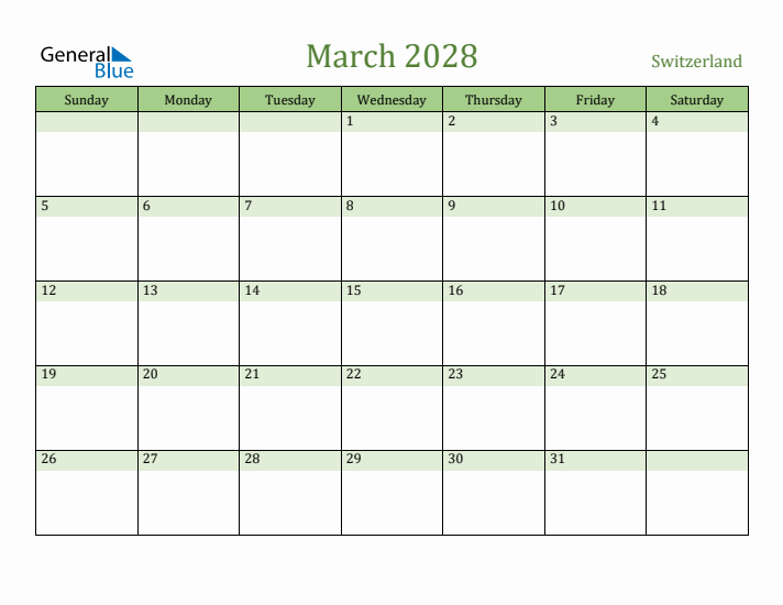 March 2028 Calendar with Switzerland Holidays
