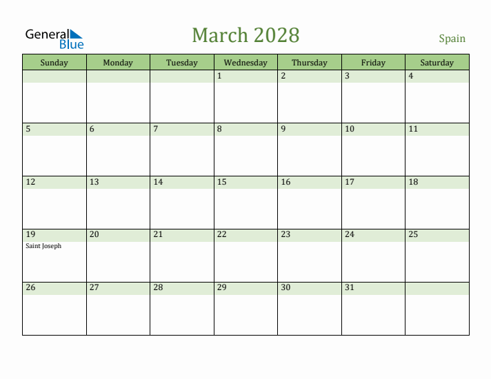 March 2028 Calendar with Spain Holidays
