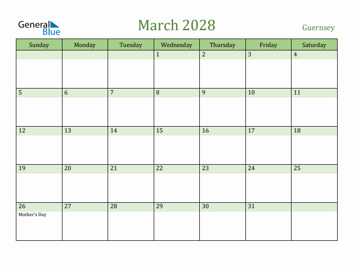 March 2028 Calendar with Guernsey Holidays