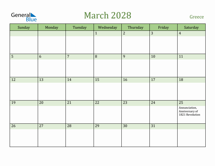 March 2028 Calendar with Greece Holidays