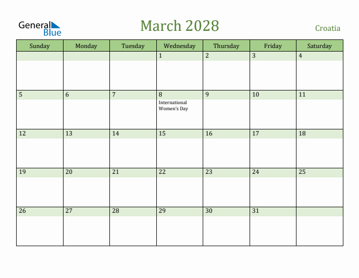 March 2028 Calendar with Croatia Holidays