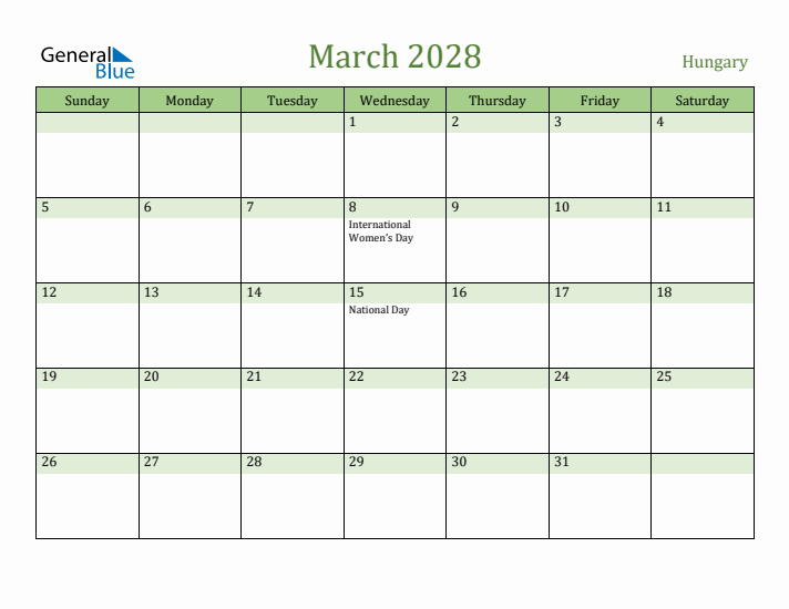 March 2028 Calendar with Hungary Holidays