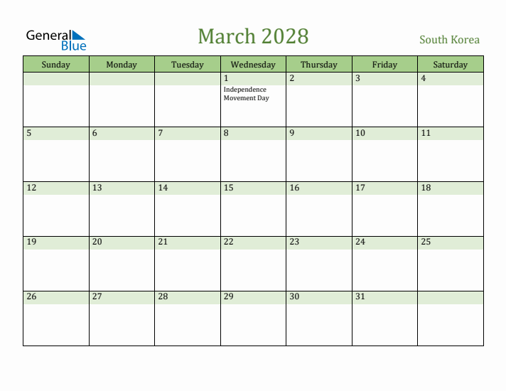 March 2028 Calendar with South Korea Holidays
