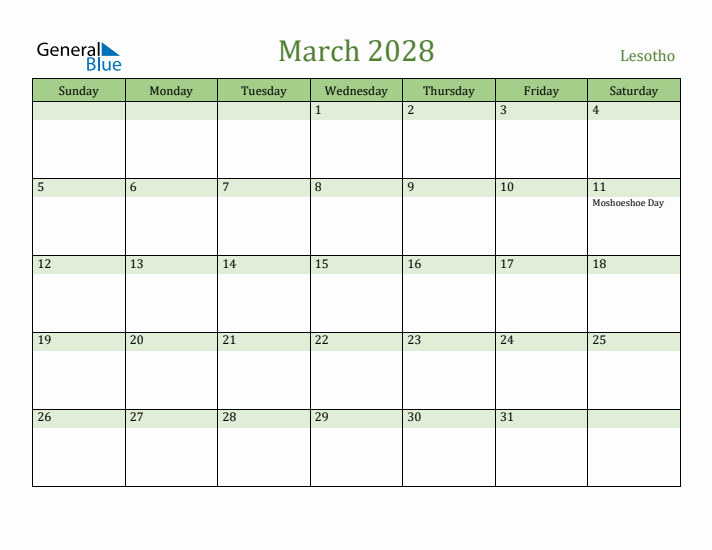 March 2028 Calendar with Lesotho Holidays