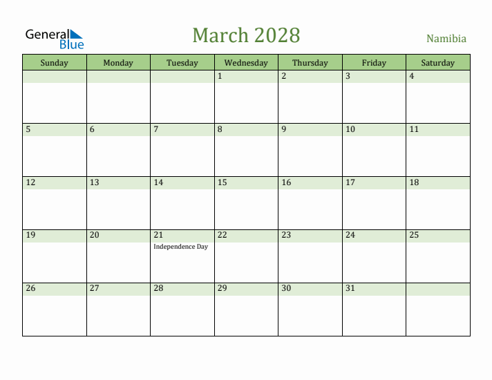 March 2028 Calendar with Namibia Holidays