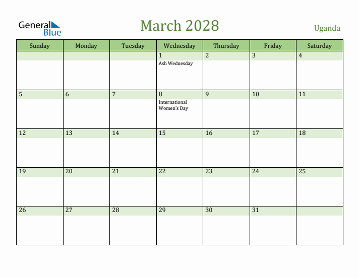 March 2028 Calendar with Uganda Holidays
