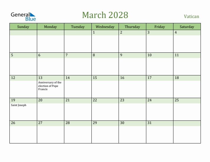 March 2028 Calendar with Vatican Holidays