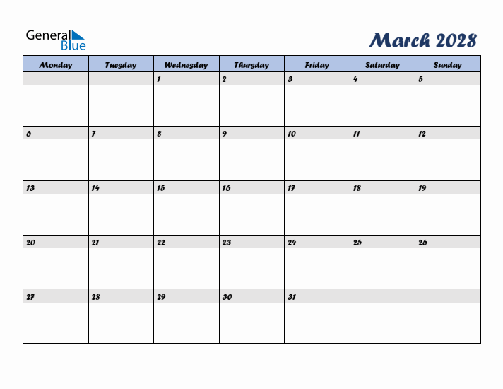 March 2028 Blue Calendar (Monday Start)