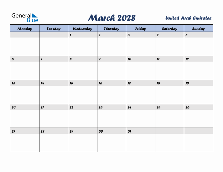 March 2028 Calendar with Holidays in United Arab Emirates