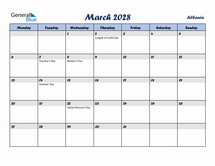 March 2028 Calendar with Holidays in Albania