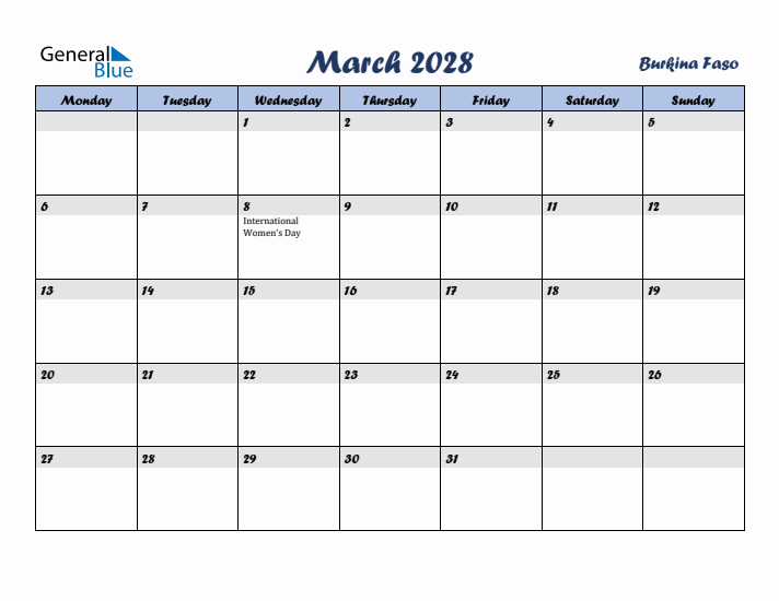 March 2028 Calendar with Holidays in Burkina Faso