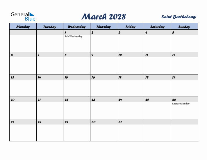 March 2028 Calendar with Holidays in Saint Barthelemy
