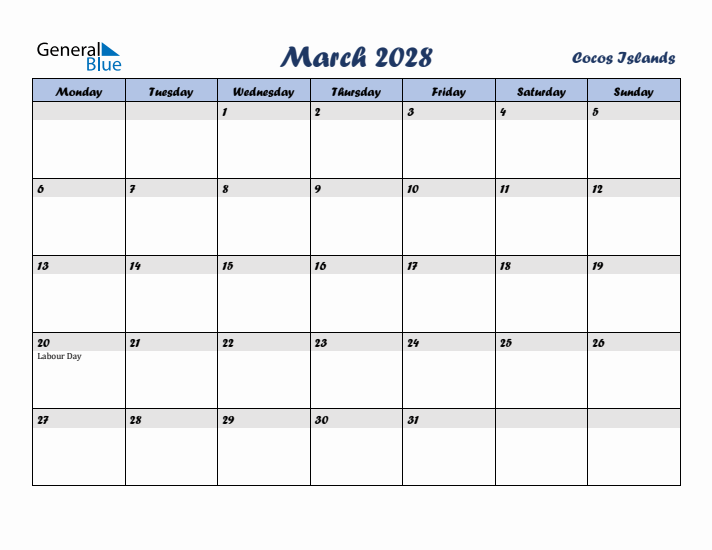 March 2028 Calendar with Holidays in Cocos Islands