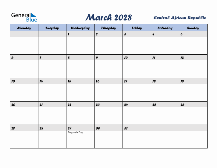 March 2028 Calendar with Holidays in Central African Republic