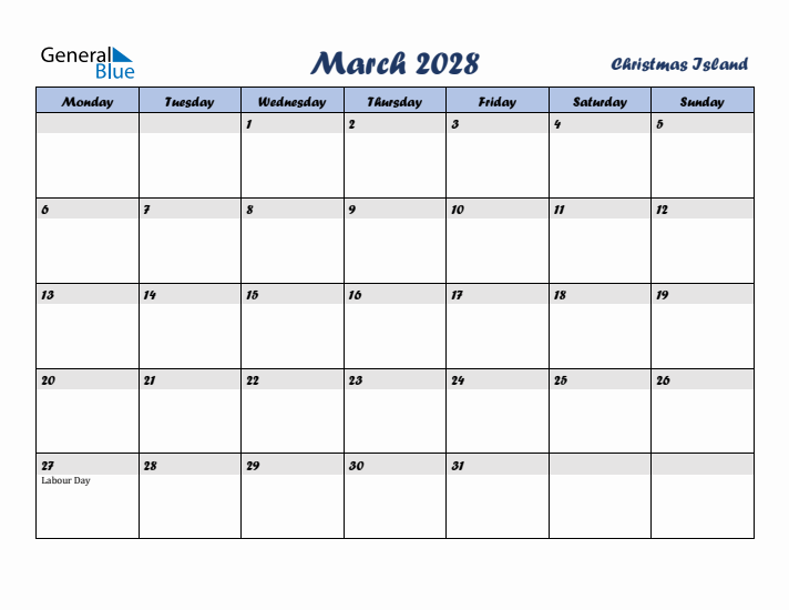 March 2028 Calendar with Holidays in Christmas Island