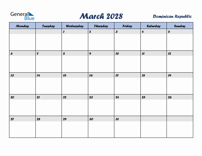 March 2028 Calendar with Holidays in Dominican Republic