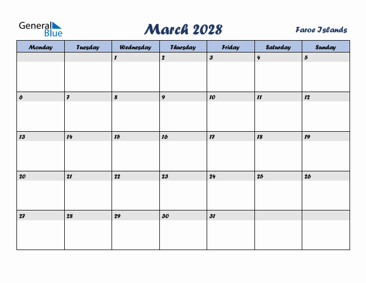 March 2028 Calendar with Holidays in Faroe Islands