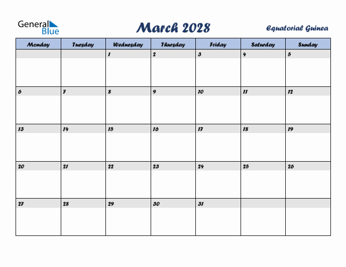 March 2028 Calendar with Holidays in Equatorial Guinea