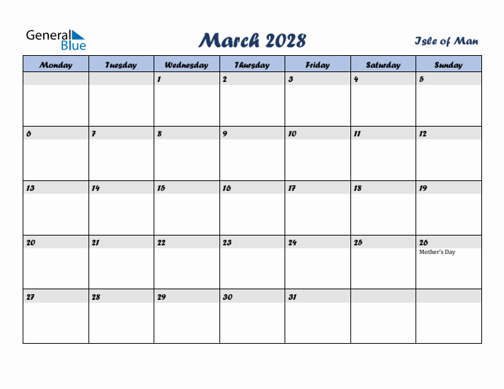 March 2028 Calendar with Holidays in Isle of Man