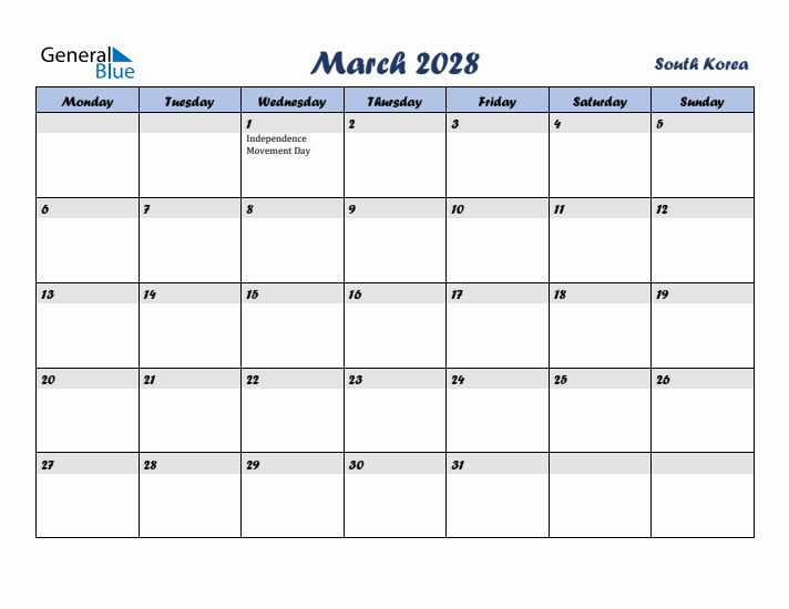 March 2028 Calendar with Holidays in South Korea