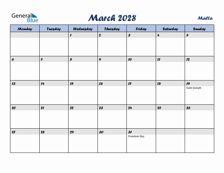 March 2028 Calendar with Holidays in Malta