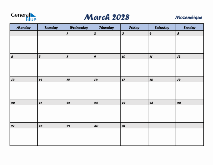 March 2028 Calendar with Holidays in Mozambique