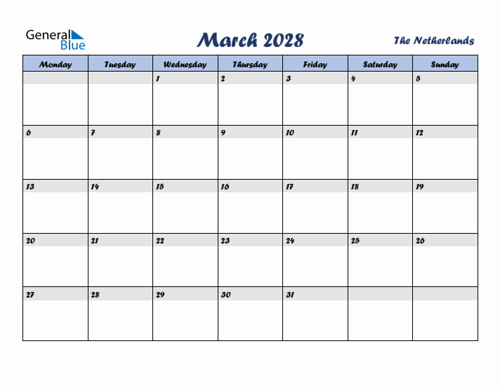 March 2028 Calendar with Holidays in The Netherlands