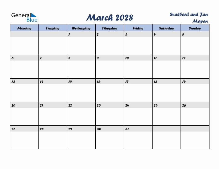 March 2028 Calendar with Holidays in Svalbard and Jan Mayen