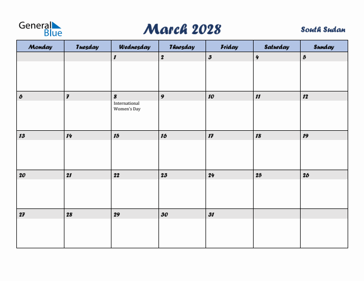 March 2028 Calendar with Holidays in South Sudan