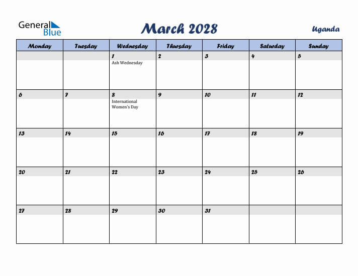 March 2028 Calendar with Holidays in Uganda