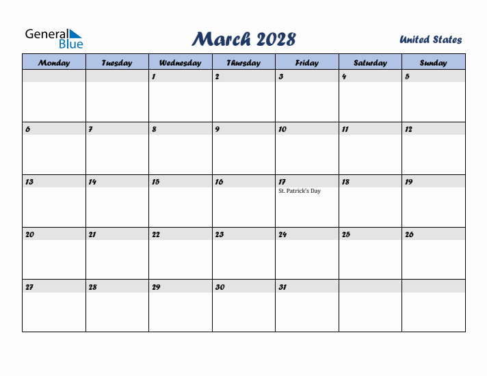 March 2028 Calendar with Holidays in United States