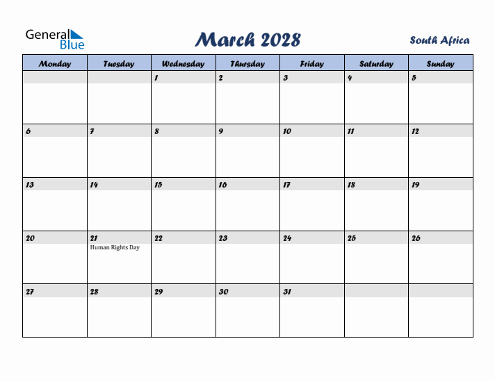 March 2028 Calendar with Holidays in South Africa