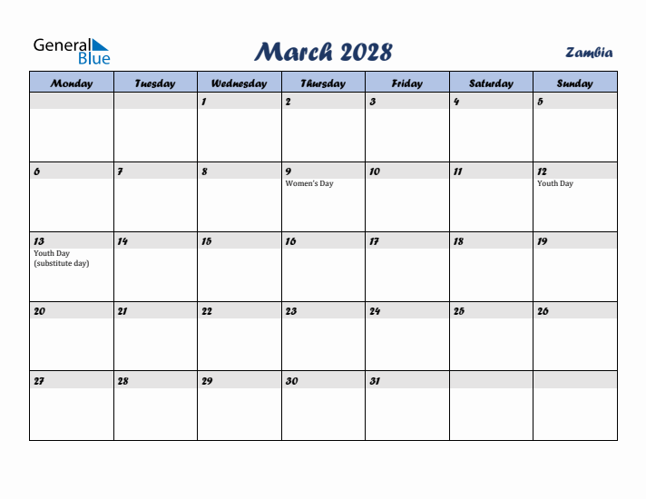 March 2028 Calendar with Holidays in Zambia