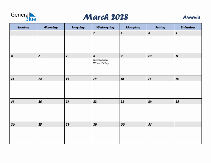 March 2028 Calendar with Holidays in Armenia