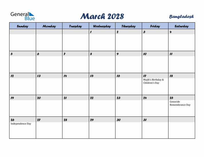 March 2028 Calendar with Holidays in Bangladesh