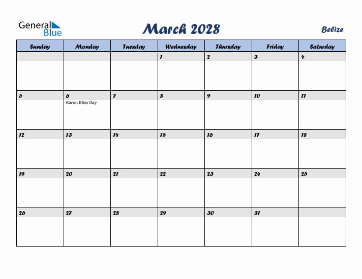 March 2028 Calendar with Holidays in Belize