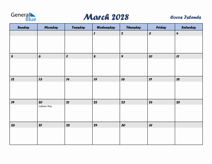 March 2028 Calendar with Holidays in Cocos Islands
