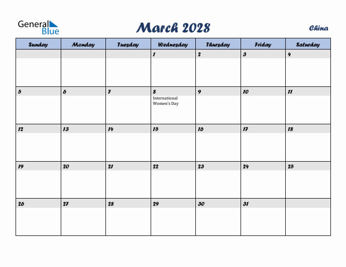 March 2028 Calendar with Holidays in China