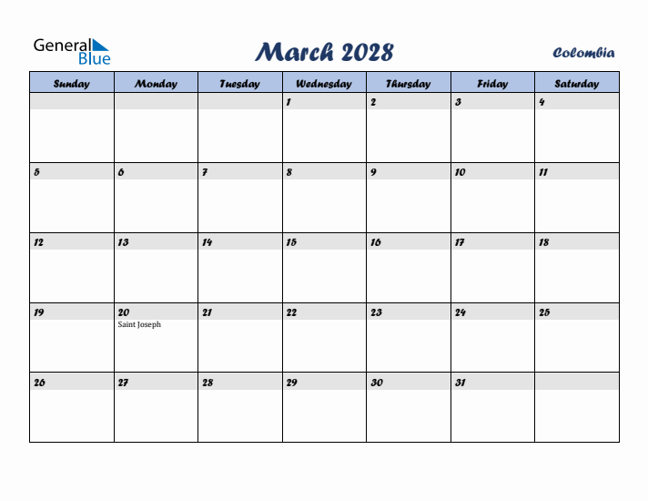 March 2028 Calendar with Holidays in Colombia