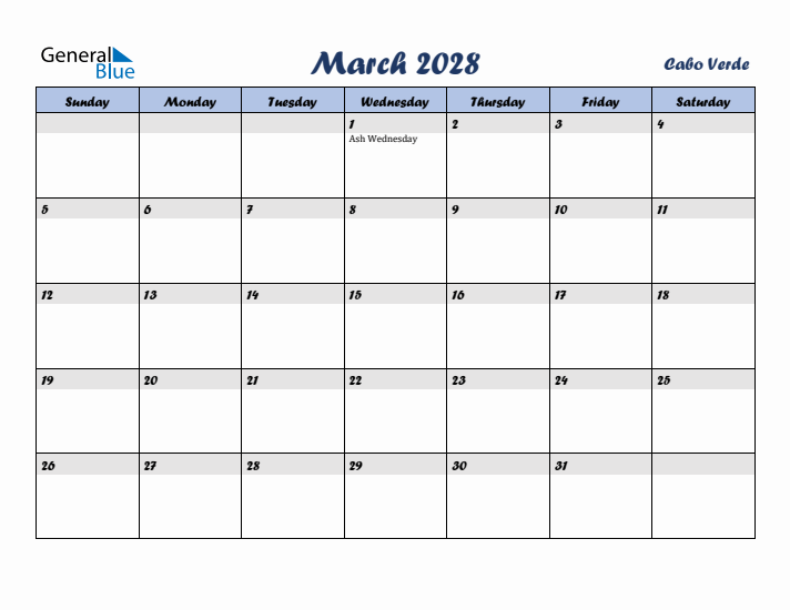 March 2028 Calendar with Holidays in Cabo Verde