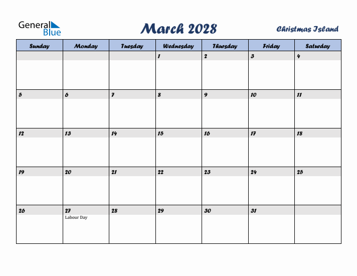 March 2028 Calendar with Holidays in Christmas Island