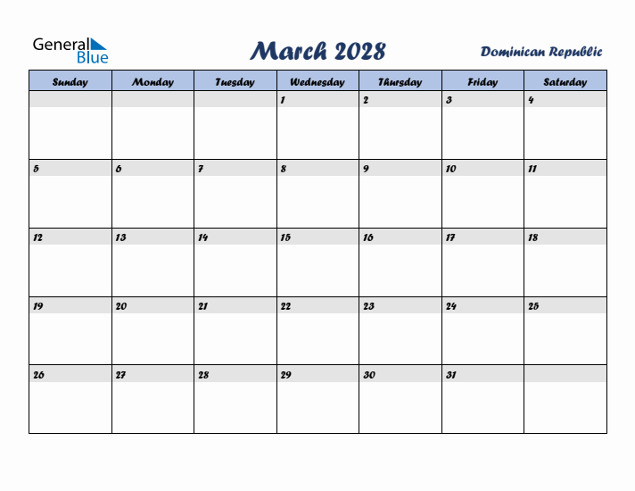 March 2028 Calendar with Holidays in Dominican Republic