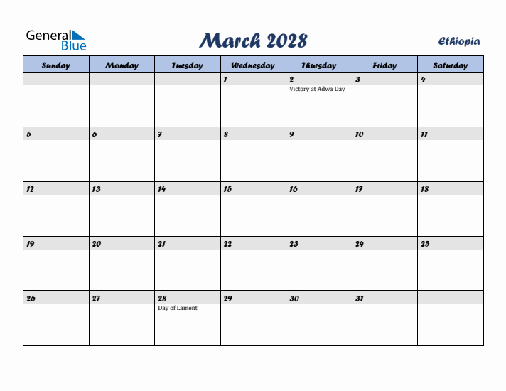 March 2028 Calendar with Holidays in Ethiopia