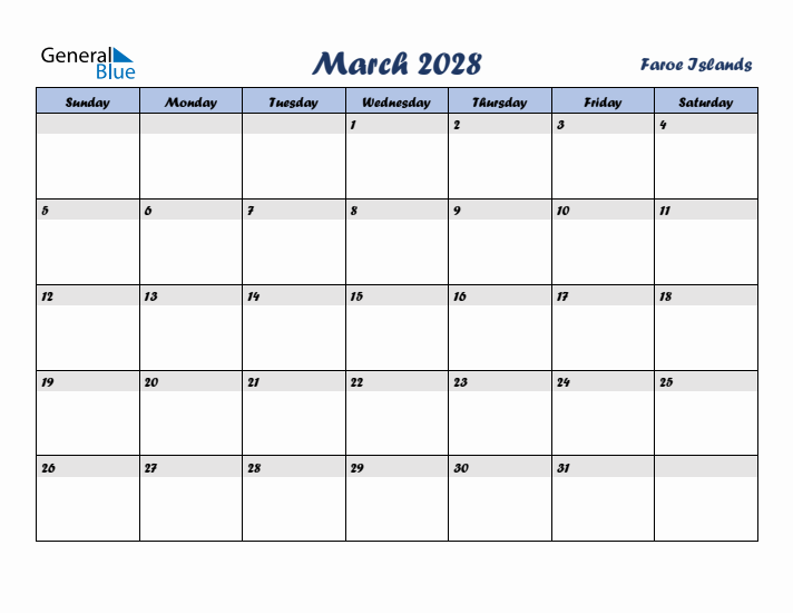 March 2028 Calendar with Holidays in Faroe Islands