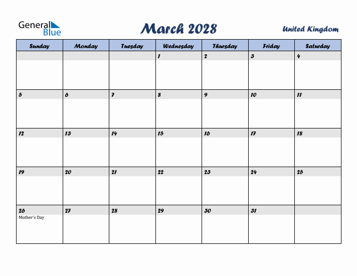 March 2028 Calendar with Holidays in United Kingdom
