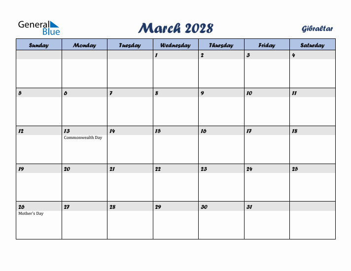 March 2028 Calendar with Holidays in Gibraltar
